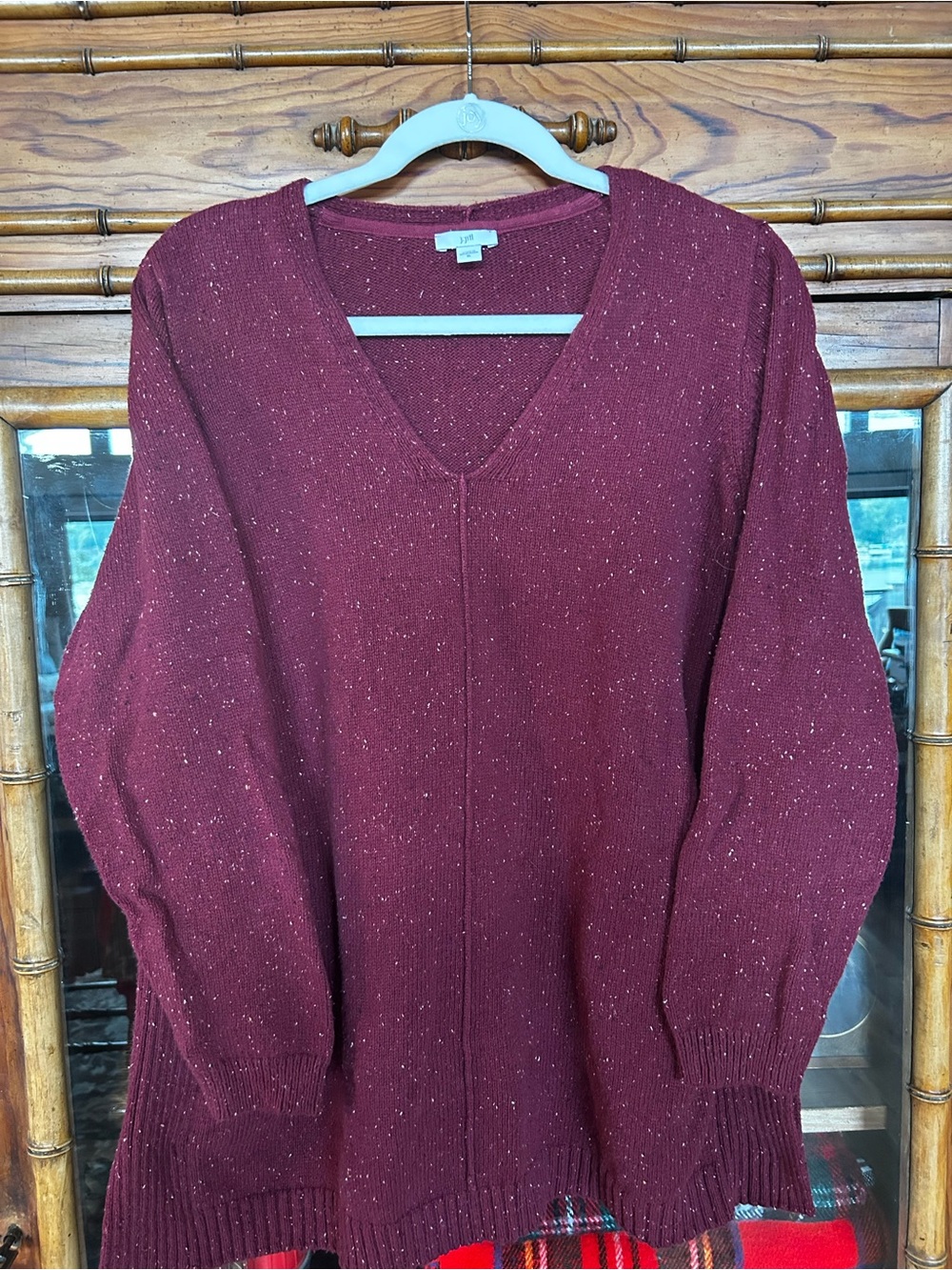 J. Jill Burgundy V-Neck Speckled Knit Sweater